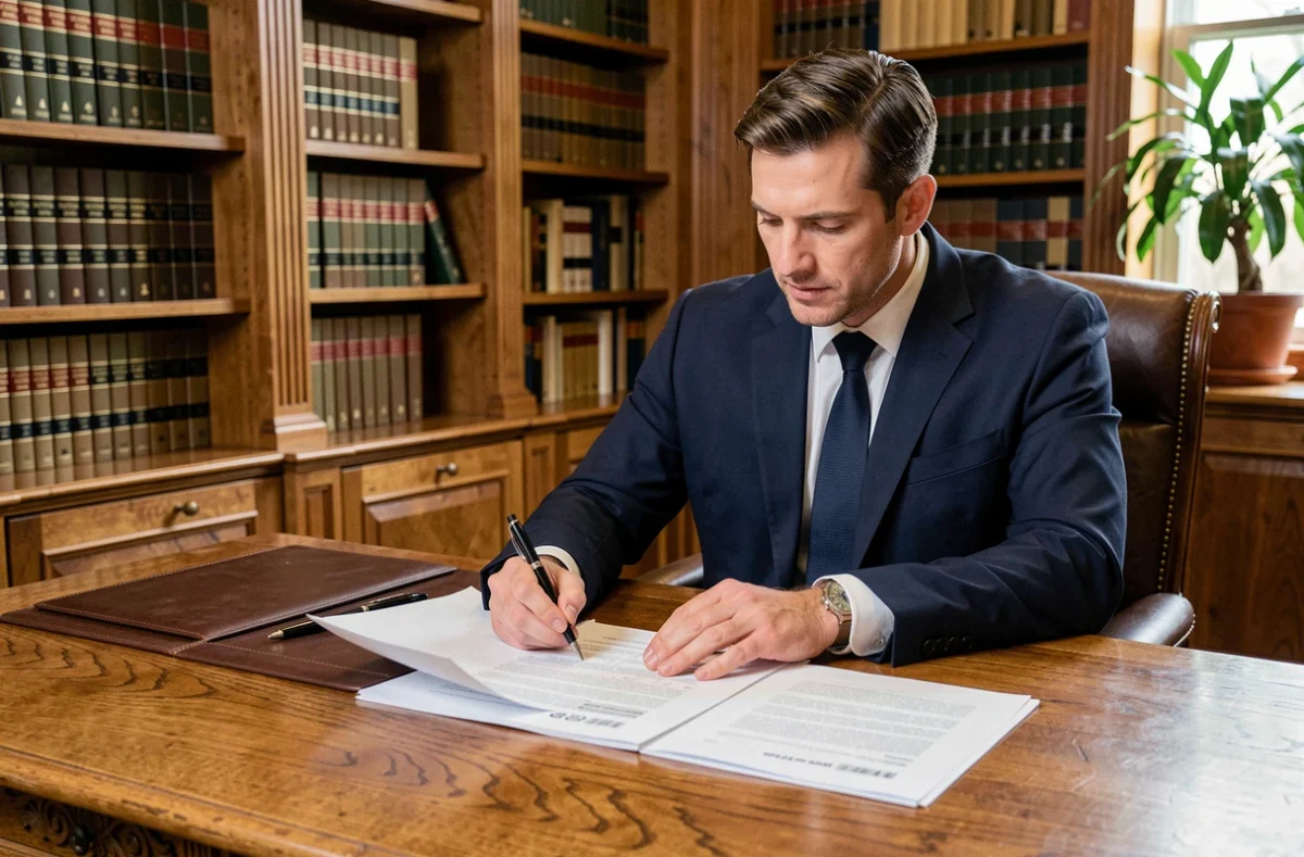 Avocat en costume marine examinant un diagnostic de bail commercial sur un bureau en chêne dans un cabinet juridique