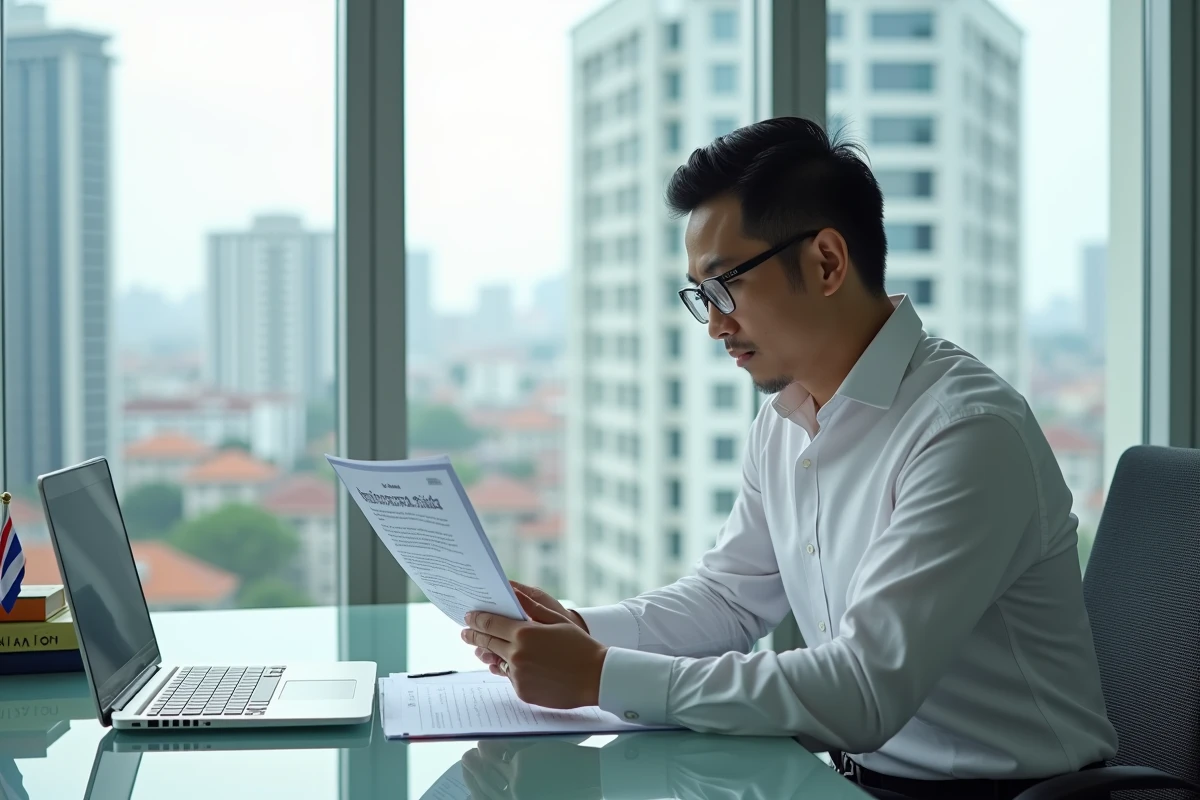 Avocat thaïlandais examinant un titre de propriété foncière dans un bureau juridique de Bangkok, étape clé pour sécuriser un achat immobilier légal en Thaïlande