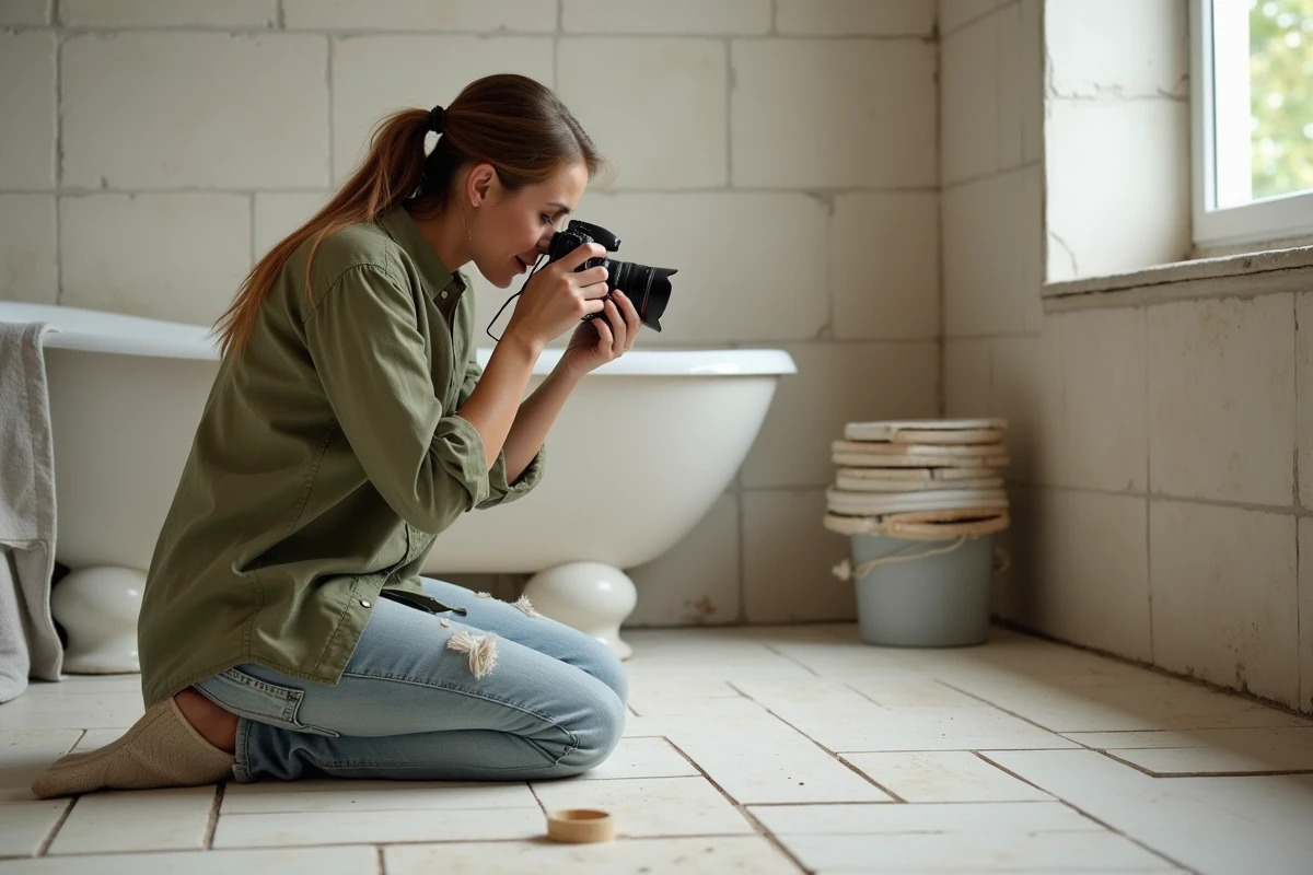 Blogueuse bricolage photographiant un carrelage posé dans une salle de bain en rénovation pour illustrer un article de blog travaux