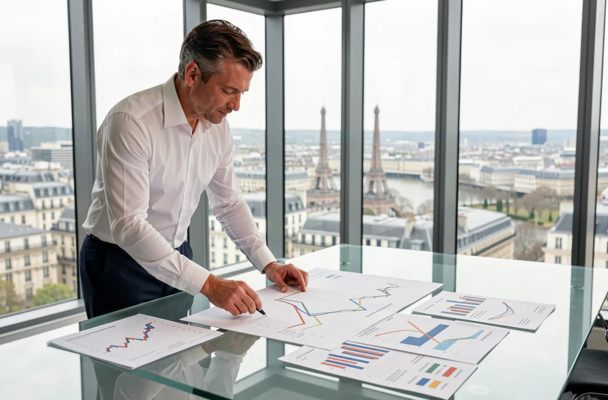 Analyste financier étudiant des graphiques de croissance immobilière dans un bureau moderne avec vue sur Paris, illustrant la forte croissance de BNP Paribas Immobilier en Île-de-France