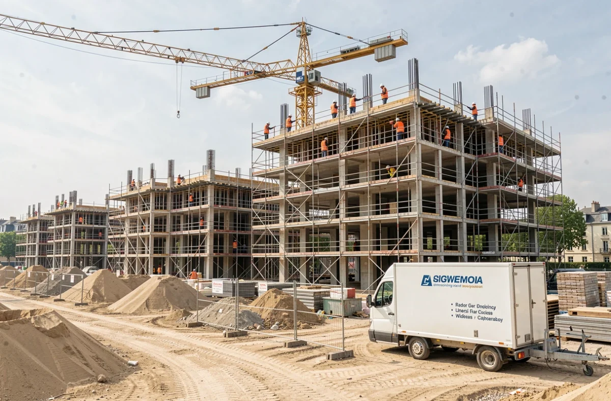 Grand chantier de construction résidentielle en banlieue parisienne avec grues, travailleurs en gilets orange et structures en béton armé évoquant la force industrielle de Bouygues Immobilier