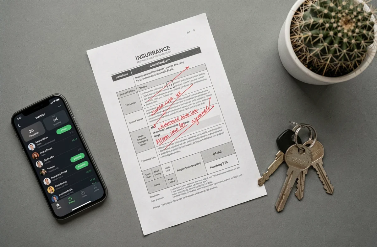 Vue aérienne d'un bureau avec tableau comparatif d'assurance loyer impayé annoté, smartphone et clés d'appartement