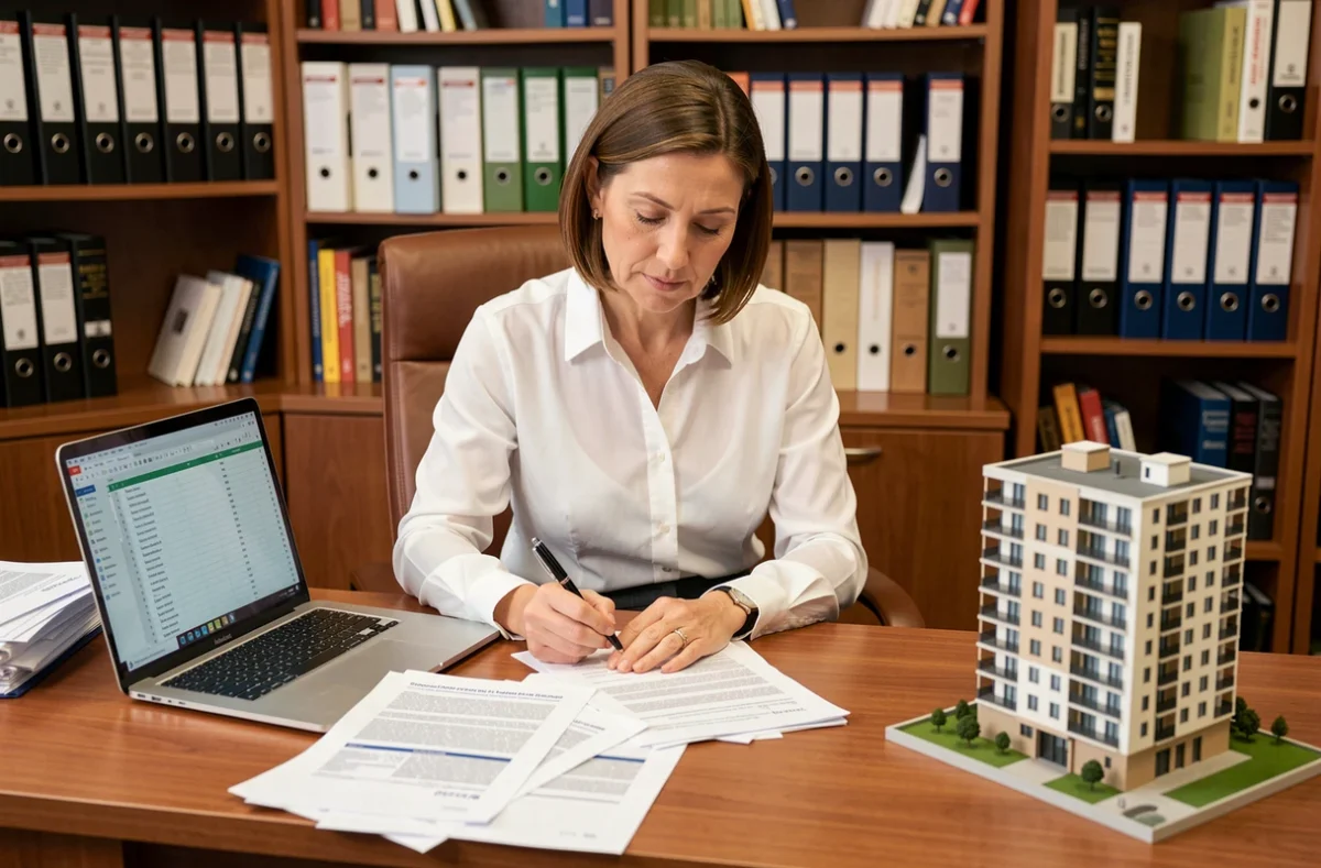 Conseillère en assurance immobilière calculant le prix au m2 d'une assurance multirisque immeuble dans un bureau professionnel