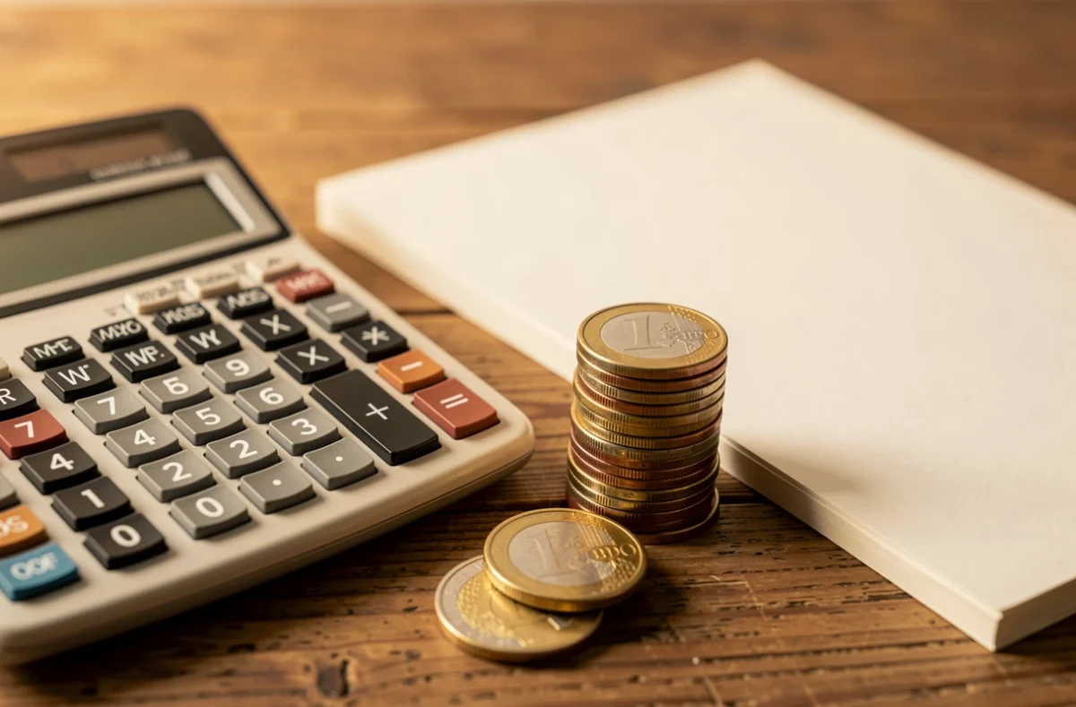 Calculatrice et pièces d'euros posées sur une table en bois