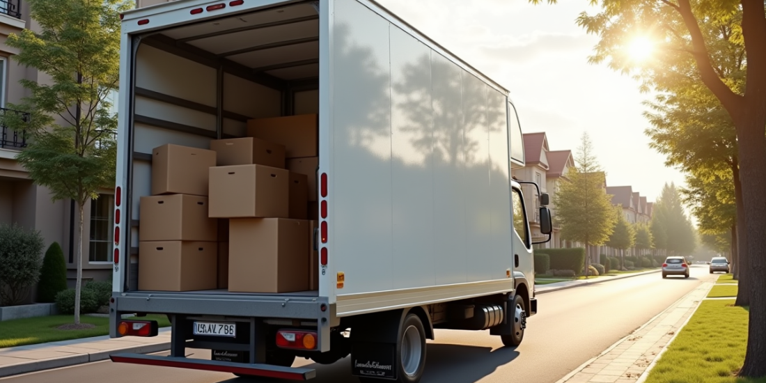 Camion de déménagement de taille moyenne stationné en rue ensoleillée