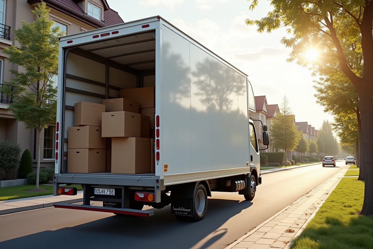Camion de déménagement de taille moyenne stationné en rue ensoleillée