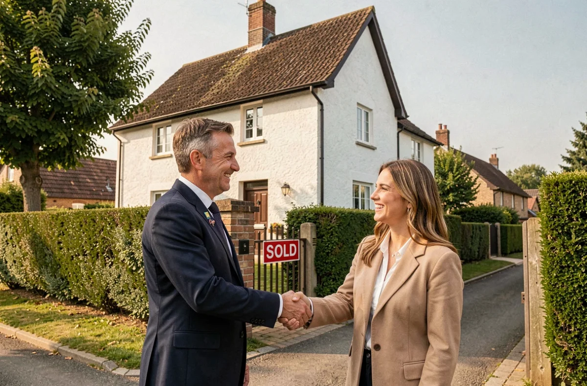 Agent Century 21 de l'Orne concluant une vente immobilière devant une maison normande