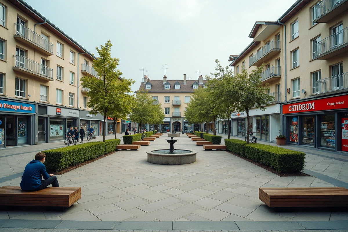 Place publique rénovée dans un quartier de Chalon-sur-Saône avec commerces locaux et résidents