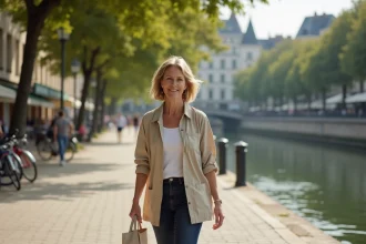 Femme se promenant sur les quais de Saône à Chalon-sur-Saône, quartier en rénovation urbaine