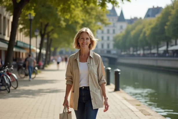 Femme se promenant sur les quais de Saône à Chalon-sur-Saône, quartier en rénovation urbaine