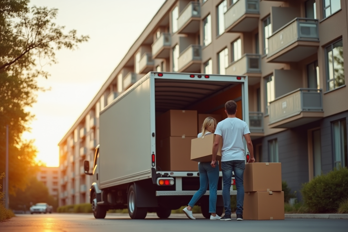 Homme et femme chargeant des cartons dans un camion blanc en fin d