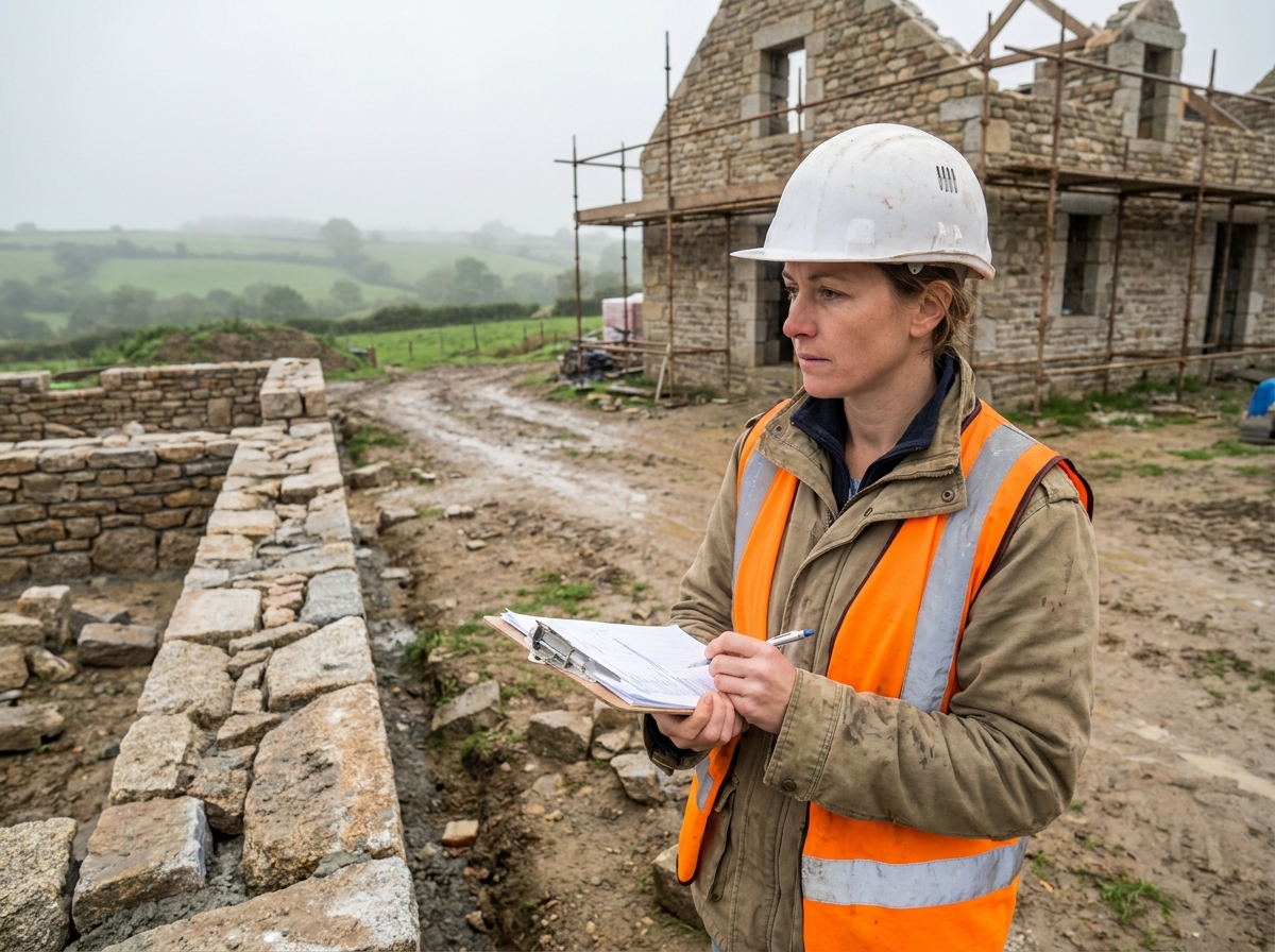 Cheffe de chantier inspectant les fondations en granit d'une maison traditionnelle bretonne sous ciel couvert