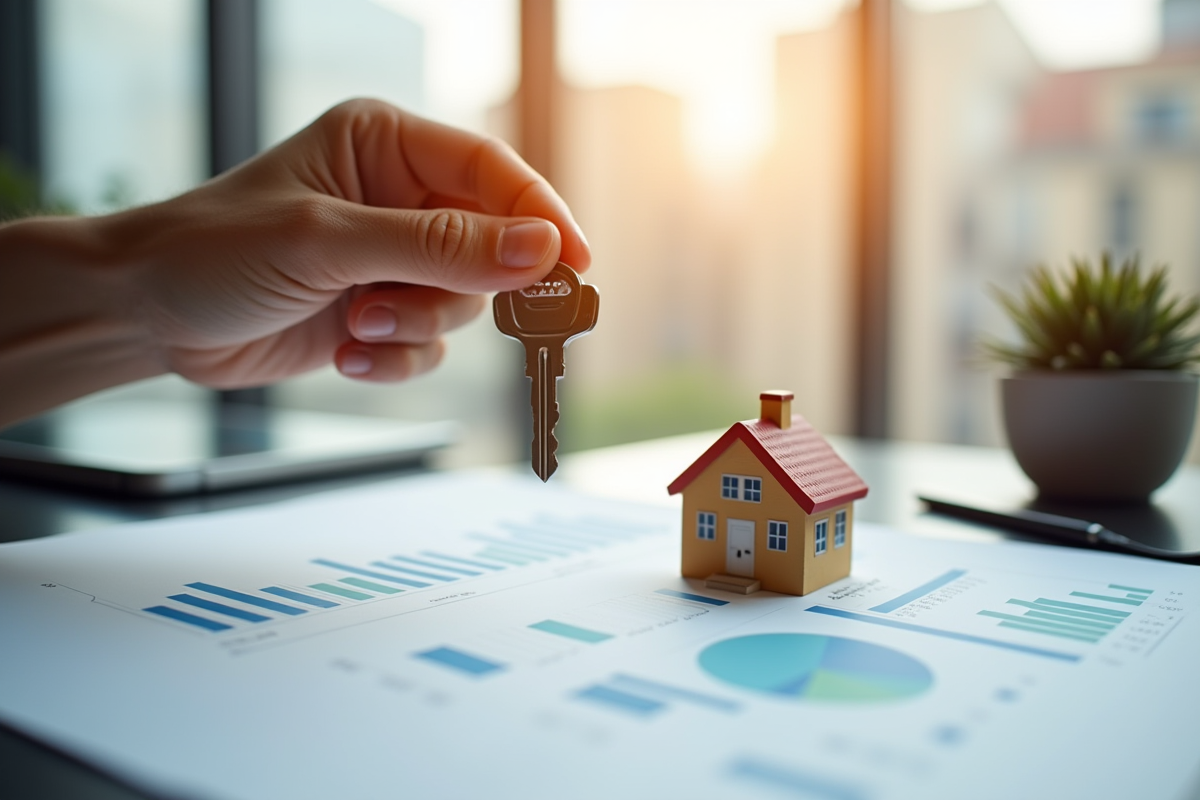Main tenant une clé de maison et un modèle au-dessus d