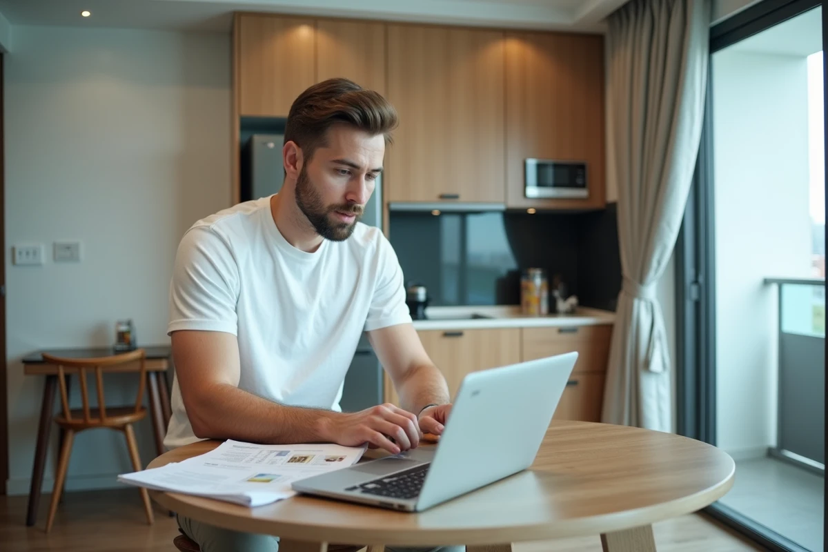 Expatrié occidental consultant des annonces immobilières dans un petit appartement condo à Bangkok