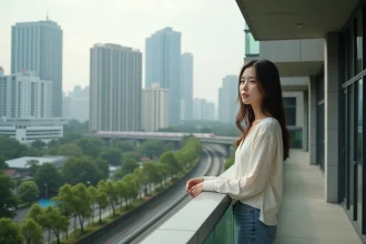 Femme thaïlandaise sur le balcon d'un condo moderne à Bangkok avec vue sur le Skytrain et la skyline urbaine