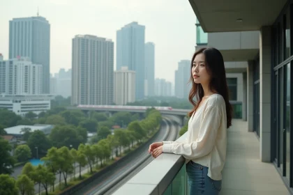 Femme thaïlandaise sur le balcon d'un condo moderne à Bangkok avec vue sur le Skytrain et la skyline urbaine