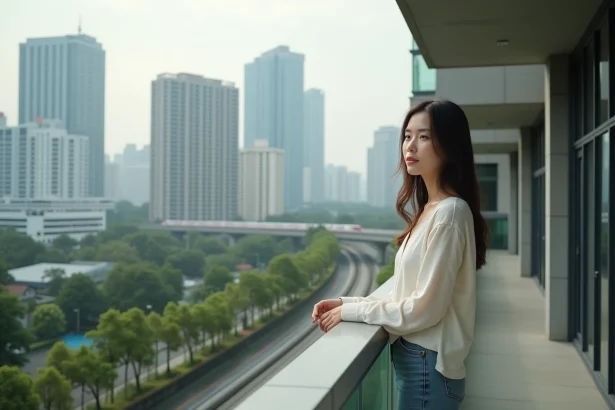 Femme thaïlandaise sur le balcon d'un condo moderne à Bangkok avec vue sur le Skytrain et la skyline urbaine