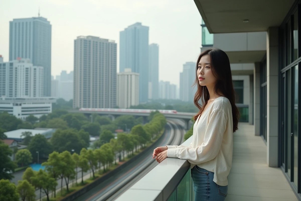 Femme thaïlandaise sur le balcon d'un condo moderne à Bangkok avec vue sur le Skytrain et la skyline urbaine