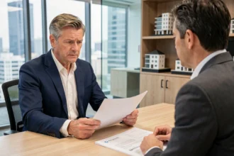 Un homme d'affaires examine des documents immobiliers avec un conseiller dans une agence moderne, illustrant la question de confiance envers un promoteur immobilier