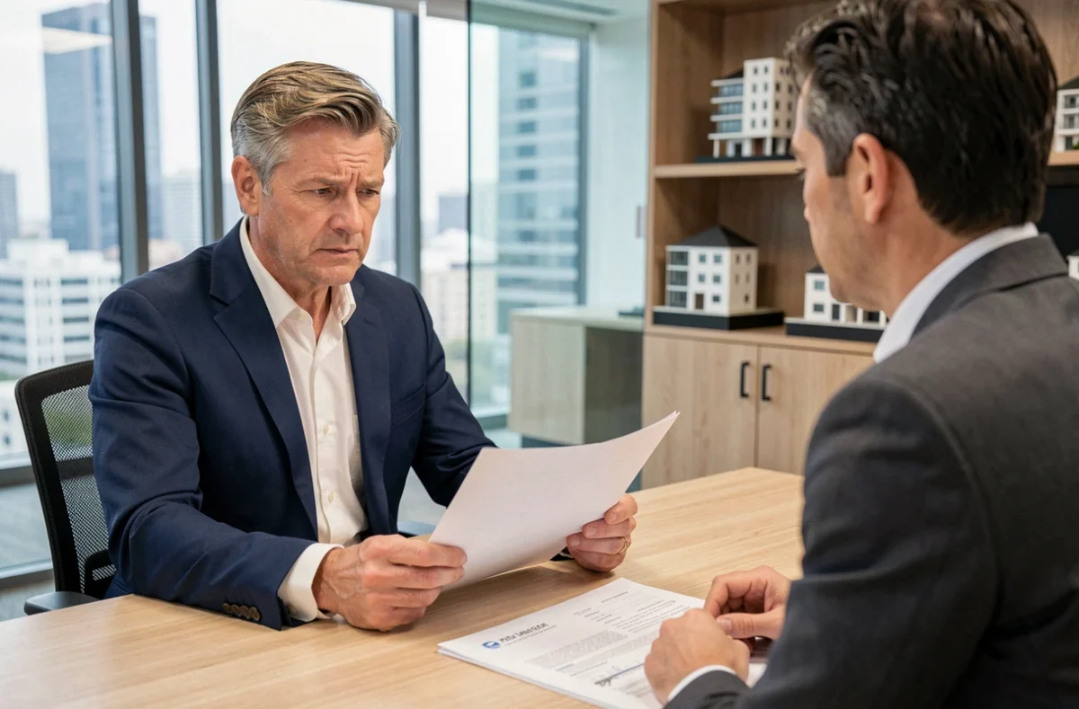 Un homme d'affaires examine des documents immobiliers avec un conseiller dans une agence moderne, illustrant la question de confiance envers un promoteur immobilier
