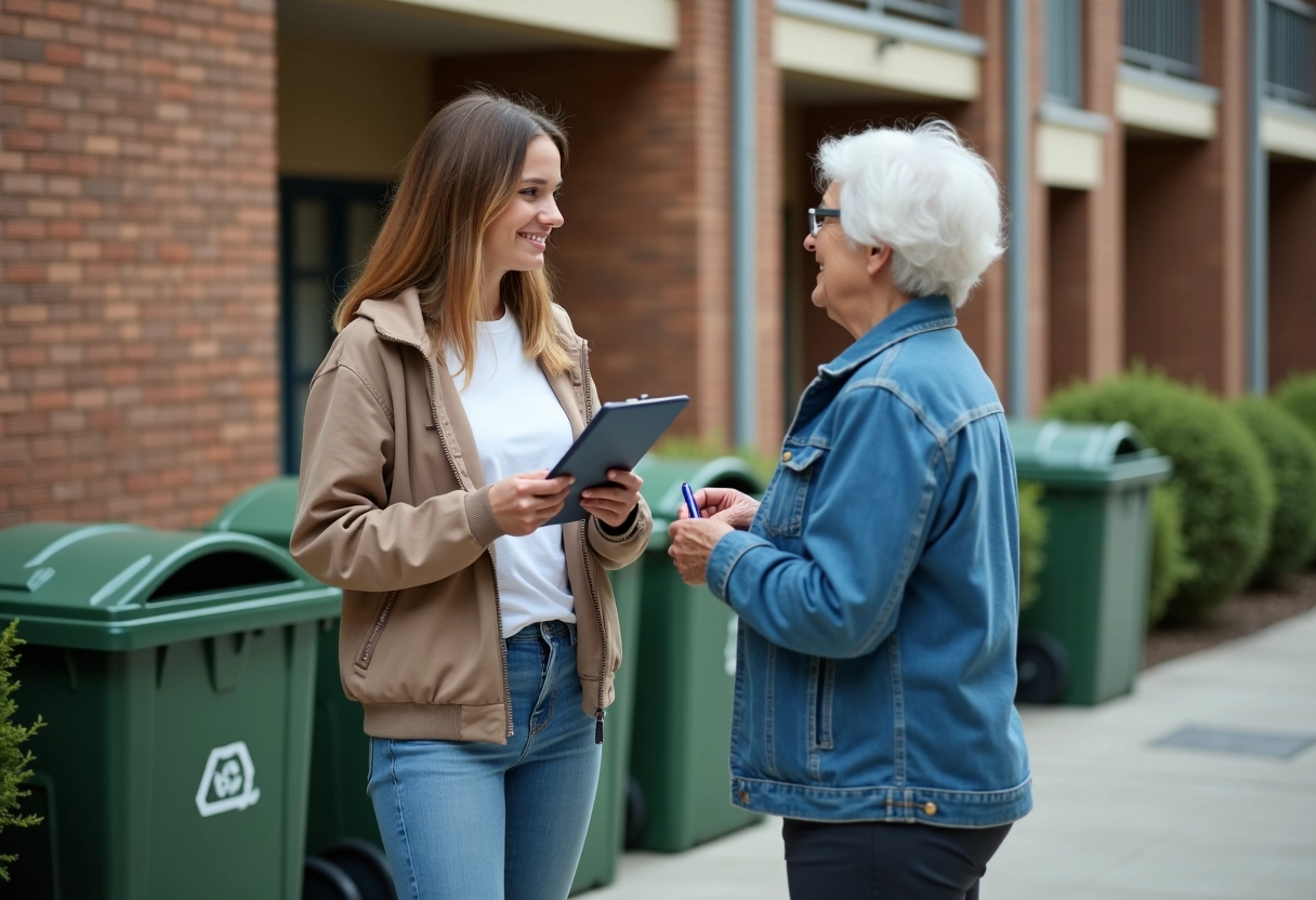 Jeune femme discutant avec une résidente près des bacs de recyclage