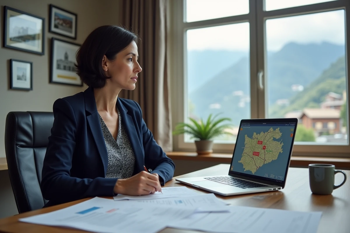 Conseillère immobilière en Andorre analysant des documents de valorisation dans un bureau avec vue sur les montagnes