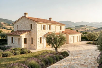 Vue d'ensemble d'une villa provençale moderne avec toiture en tuiles, murs en pierre calcaire et jardin paysager avec lavande et oliviers en PACA