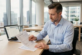 Consultant en énergie analysant un contrat d'électricité avec l'index BT47 dans un bureau moderne