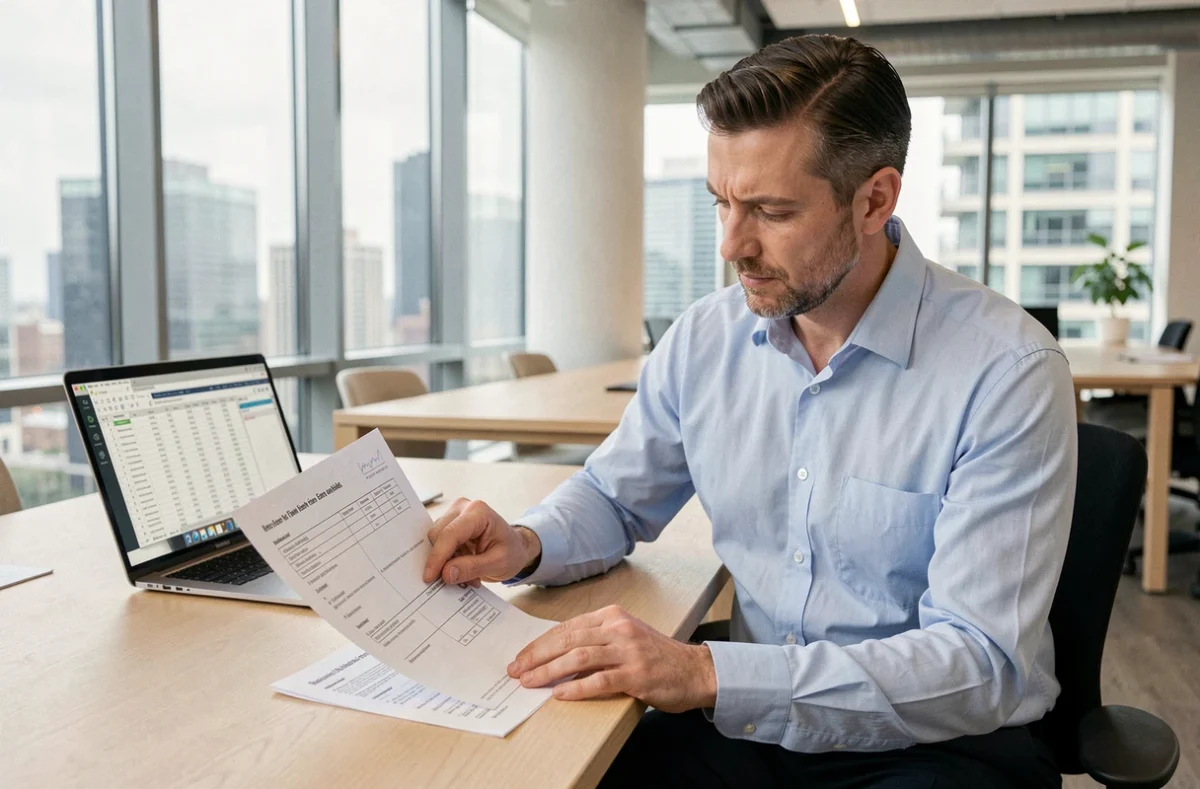 Consultant en énergie analysant un contrat d'électricité avec l'index BT47 dans un bureau moderne