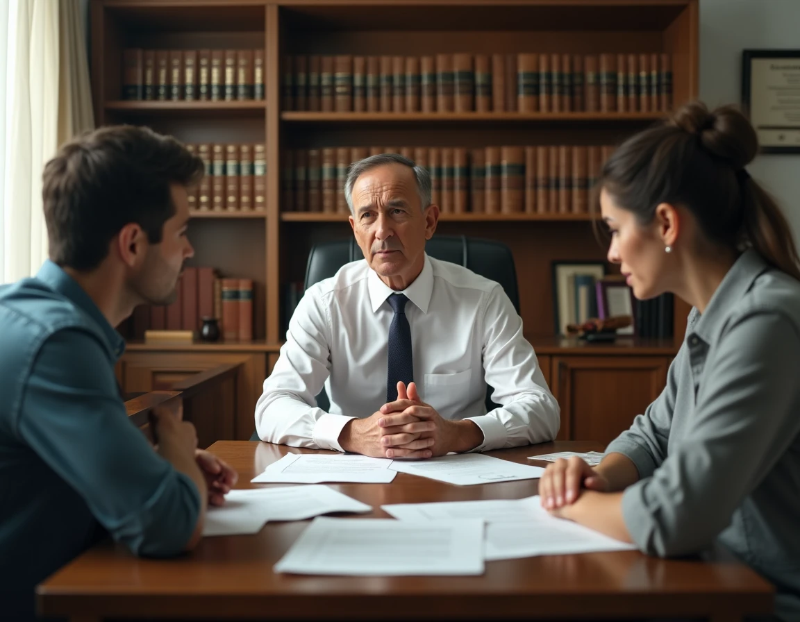 Consultation juridique entre un avocat et un couple de locataires autour d'un contrat de bail et de documents d'expulsion