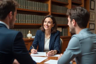 Couple rencontrant une notaire dans un bureau officiel pour une consultation gratuite autour de documents juridiques