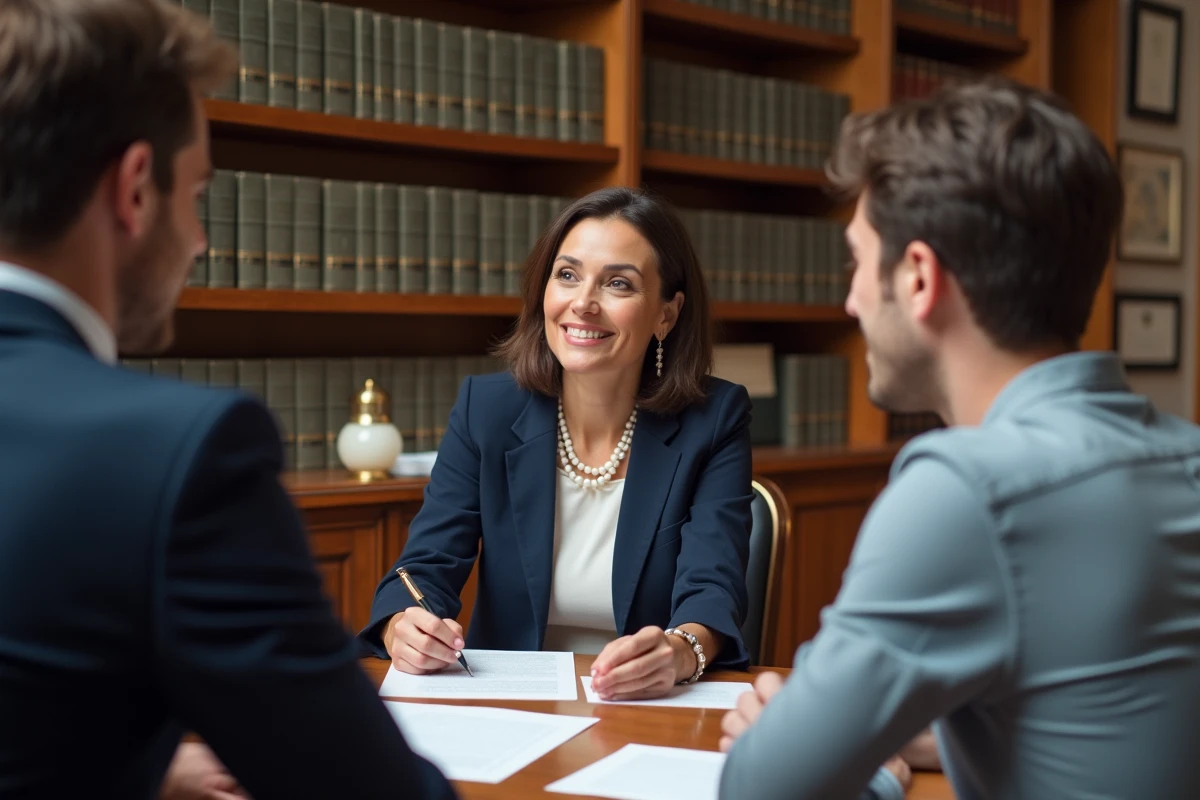 Couple rencontrant une notaire dans un bureau officiel pour une consultation gratuite autour de documents juridiques
