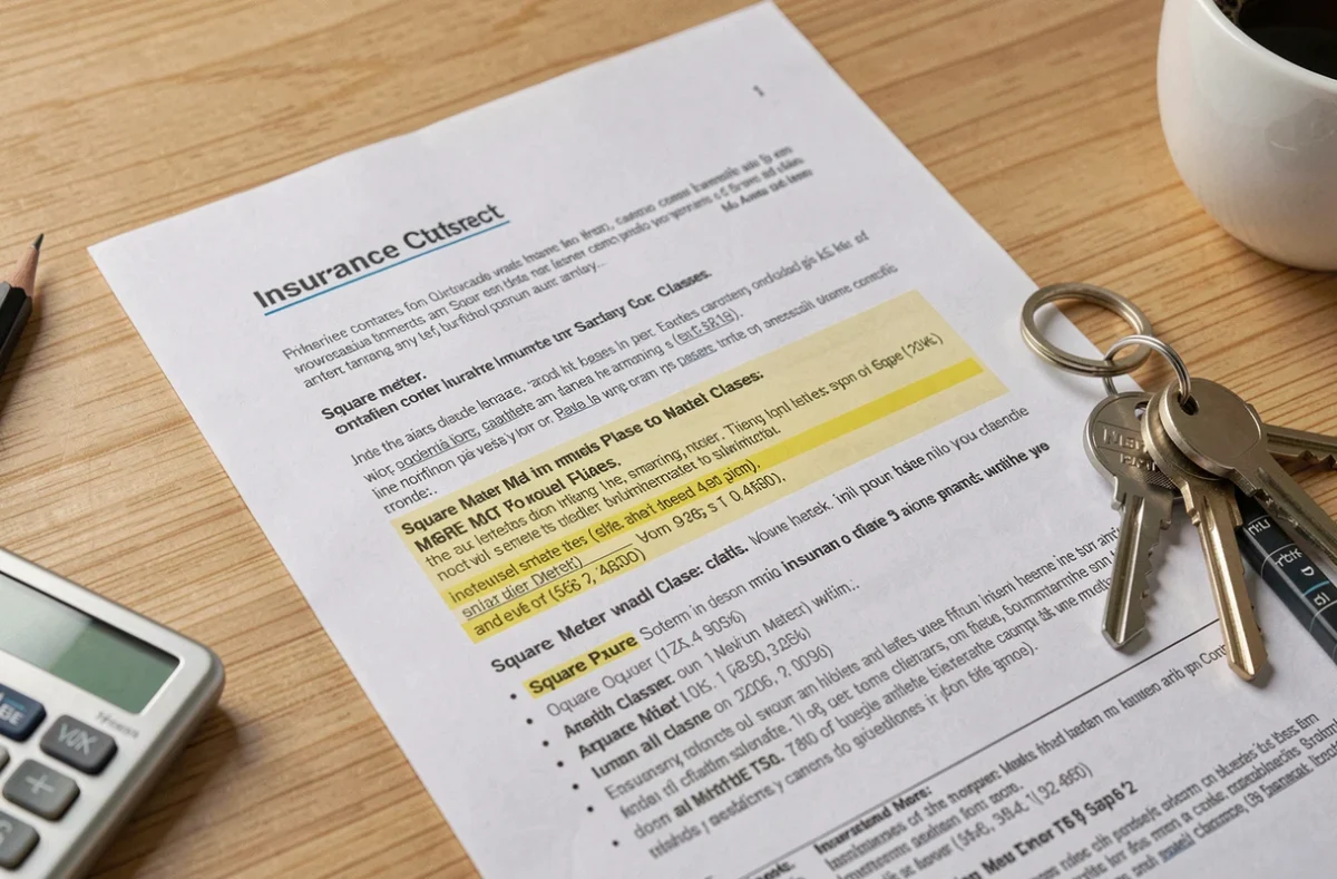 Documents de contrat d'assurance multirisque immeuble avec calcul du prix au m2 sur une table en bois