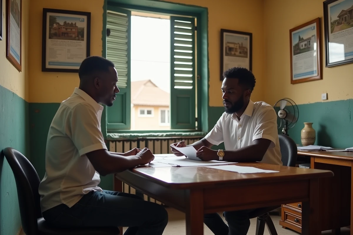 Homme examinant un contrat de location avec un agent immobilier dans un bureau à Abidjan