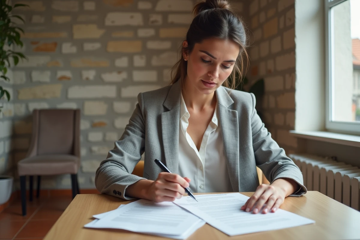 Femme examinant un contrat de location dans un appartement de style breton à Concarneau