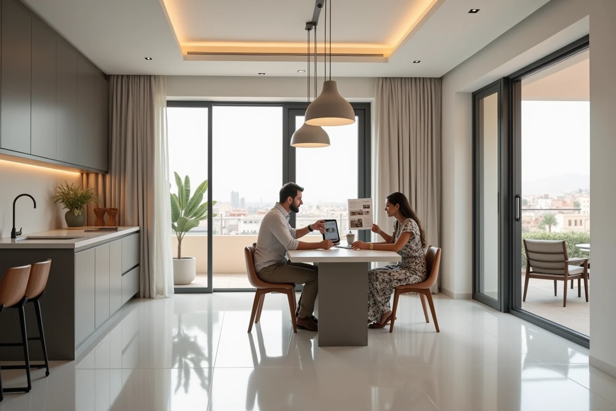 Couple consultant des annonces immobilières dans un appartement neuf à Guéliz Marrakech