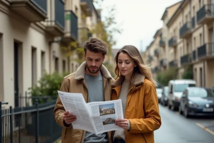 Jeune couple consultant des annonces immobilières devant un immeuble résidentiel en banlieue parisienne