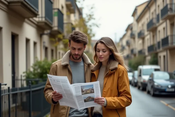 Jeune couple consultant des annonces immobilières devant un immeuble résidentiel en banlieue parisienne
