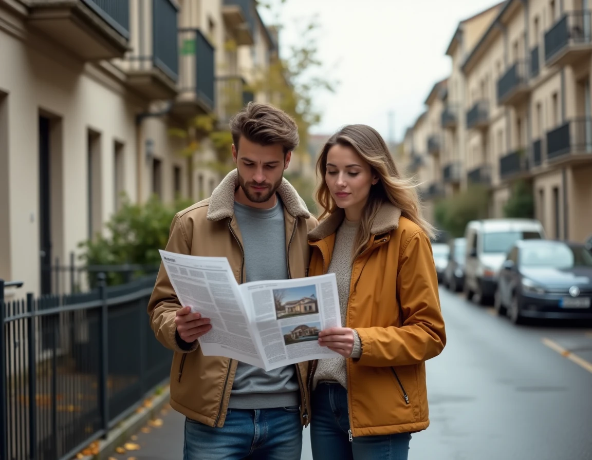 Jeune couple consultant des annonces immobilières devant un immeuble résidentiel en banlieue parisienne