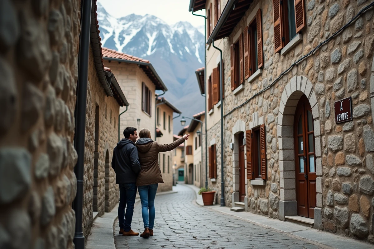 Couple visitant un appartement à vendre dans un village historique d'Andorre avec architecture en pierre
