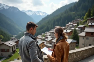 Couple consultant des annonces immobilières sur une terrasse en pierre avec vue sur un village traditionnel andorran et ses toits en ardoise dans les Pyrénées