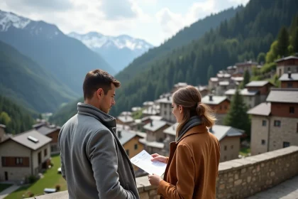 Couple consultant des annonces immobilières sur une terrasse en pierre avec vue sur un village traditionnel andorran et ses toits en ardoise dans les Pyrénées