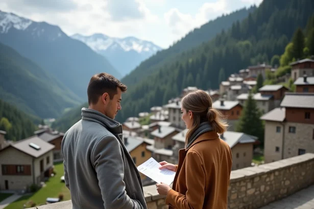 Couple consultant des annonces immobilières sur une terrasse en pierre avec vue sur un village traditionnel andorran et ses toits en ardoise dans les Pyrénées