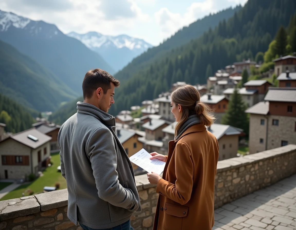 Couple consultant des annonces immobilières sur une terrasse en pierre avec vue sur un village traditionnel andorran et ses toits en ardoise dans les Pyrénées