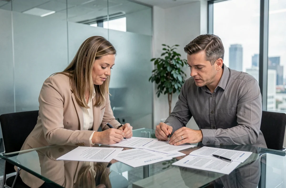 Couple d'acheteurs étudiant les clauses essentielles d'un contrat de location-vente dans une agence immobilière moderne