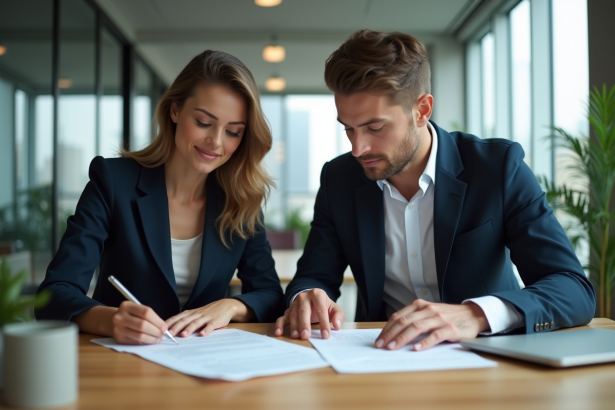 Jeune couple d'affaires en réunion immobiliere
