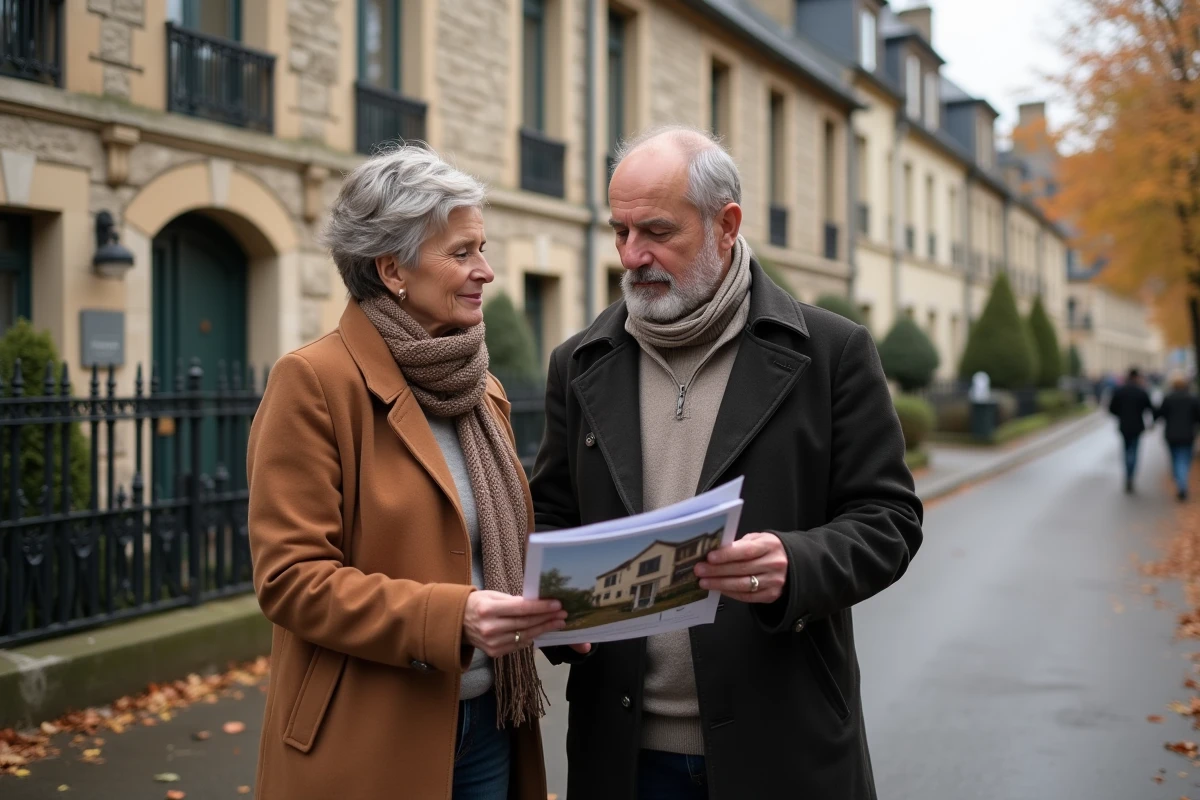Couple en manteaux d automne devant maison en Ile de France