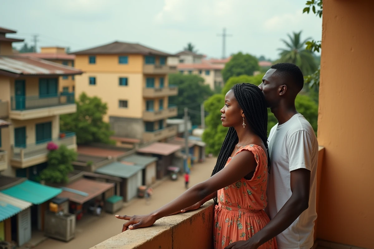 Couple sur le balcon d'un appartement à Abidjan évaluant le quartier avant de louer