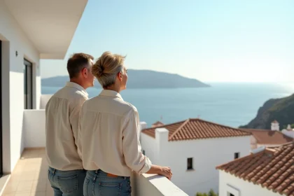 Couple méditerranéen regardant la mer depuis un balcon ensoleillé