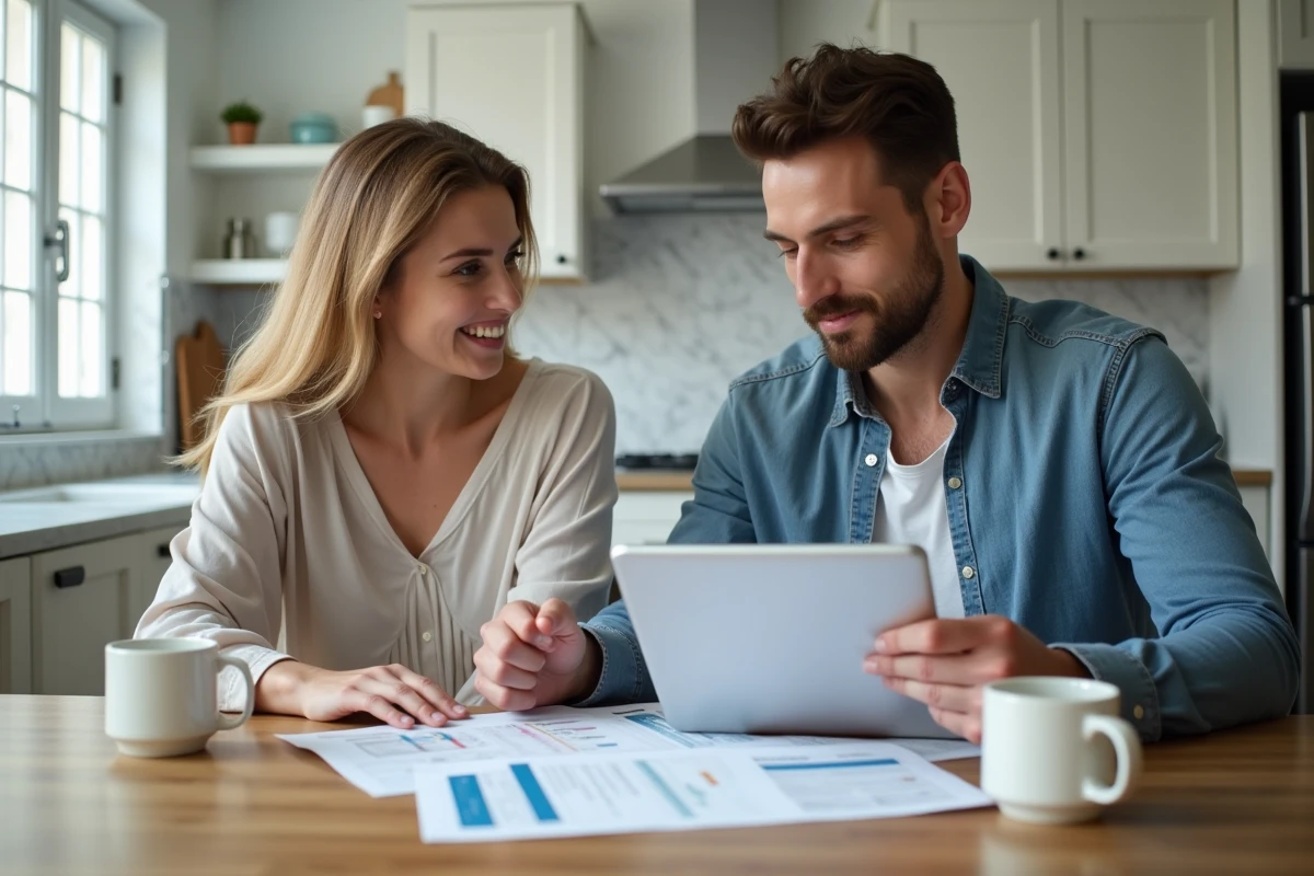 Couple comparant les avis de LOC SERVICE et d'autres plateformes de location entre particuliers à la maison